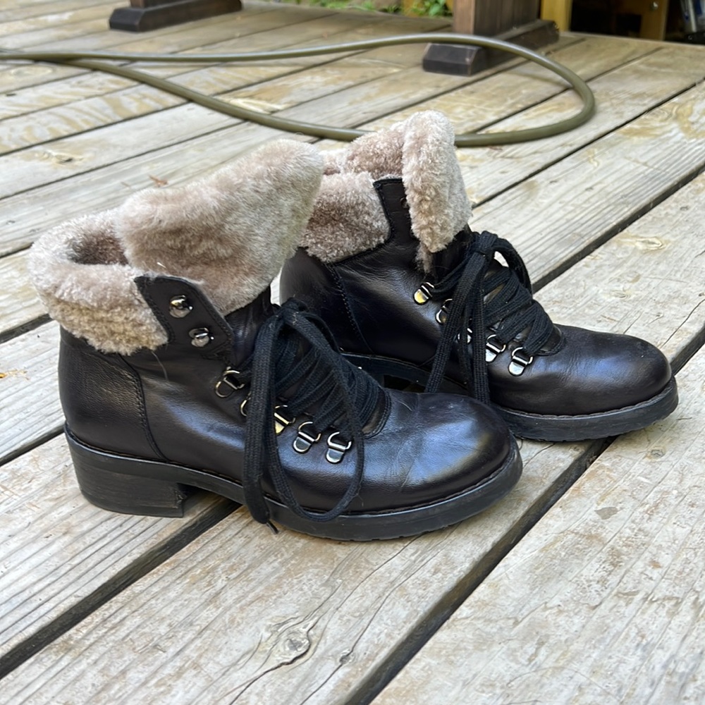 Steve Madden black leather fur combat boots